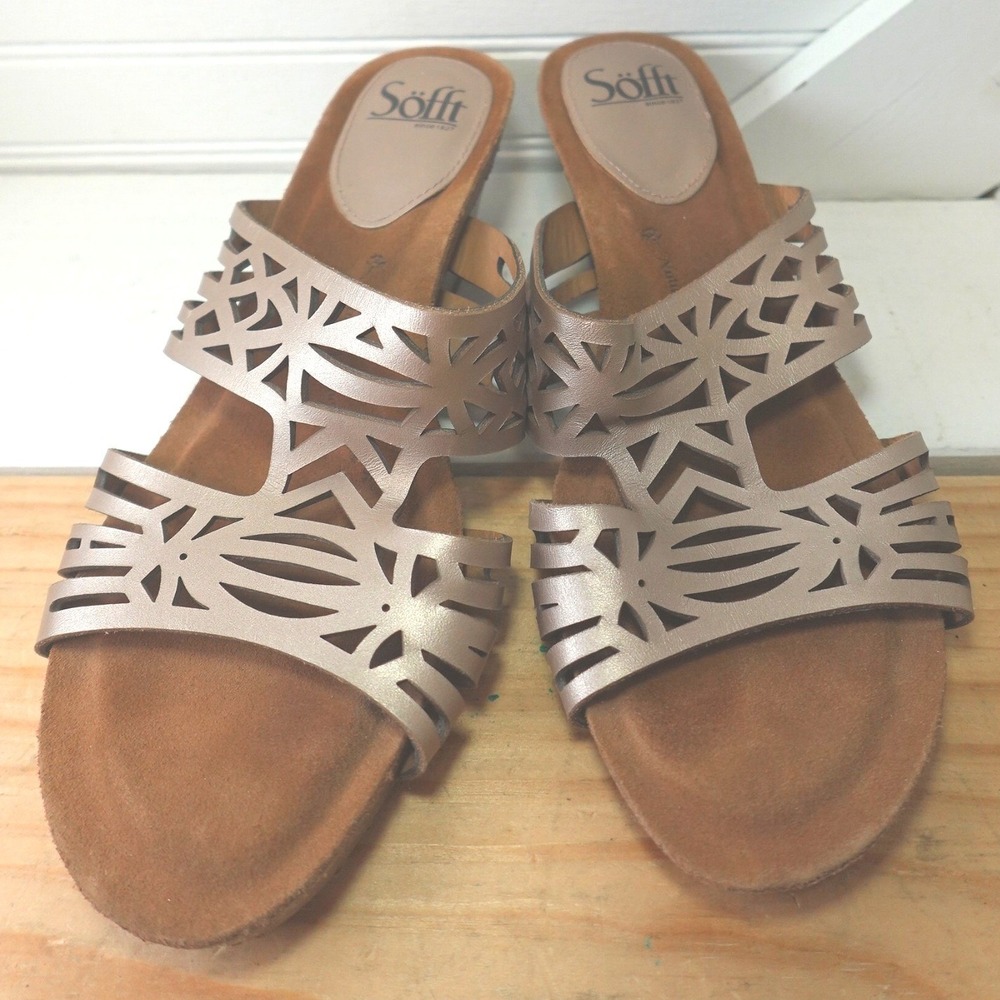 Sofft Wedge Sandals Women's 9.5 Venice Slide Metallic Gold Leather Comfy Shoes